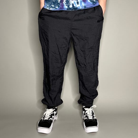 Vintage Y2K Russell Track Pants Mens M Jet Black Nylon Joggers Embroidered - Picture 2 of 4